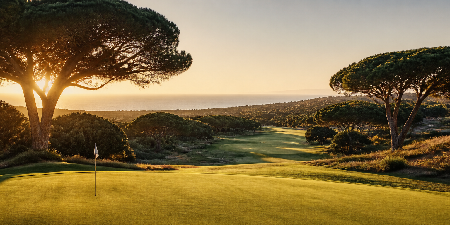 Sunlit fairway lined with umbrella pines, with the Mediterranean on the horizon