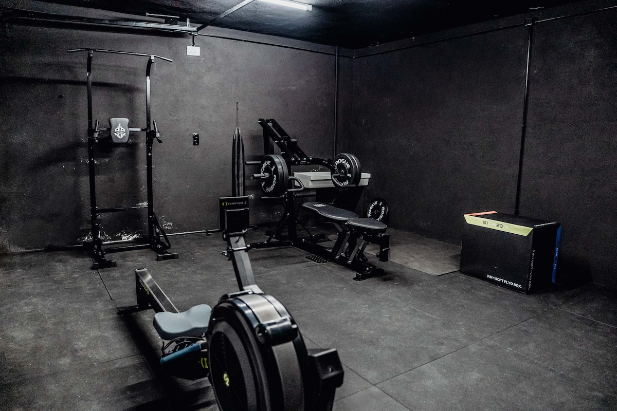 The gym, with a squat rack, weights bench, barbell and rowing machine